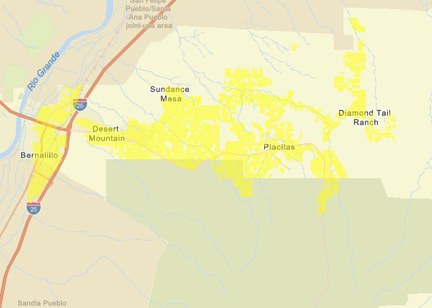 map showing yellow zones for PNM solar availability in Placitas